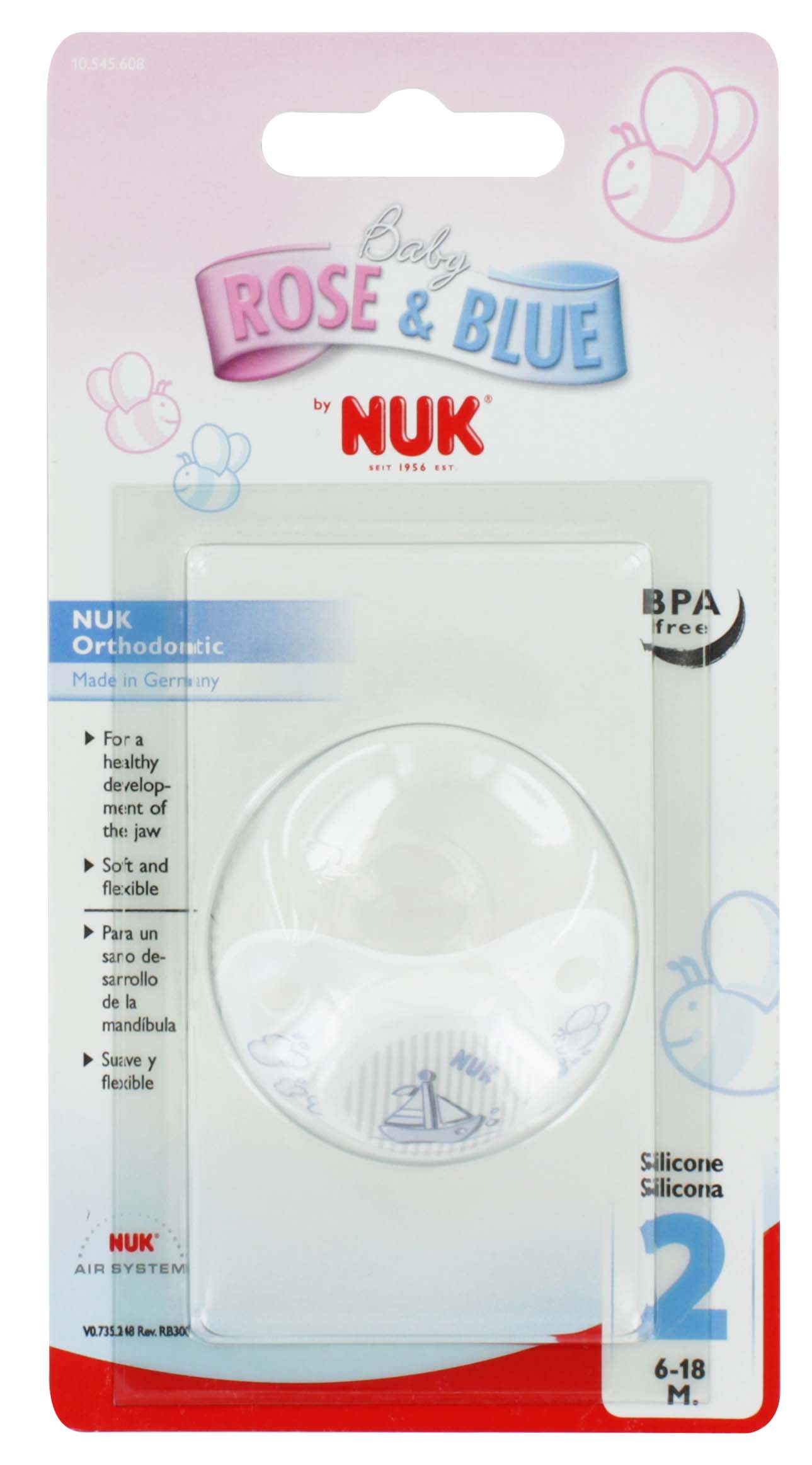 NUK SOOTHERS ROSE & BLUE SILICONE ORTHODONTIC 6-18 BOY