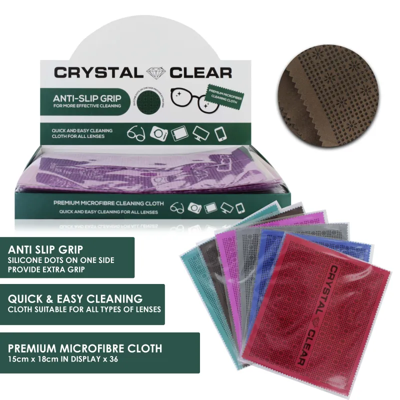 CRYSTAL CLEAR ANTI SLIP GRIP LENS CLEANING CLOTH 15x18cm disp x36