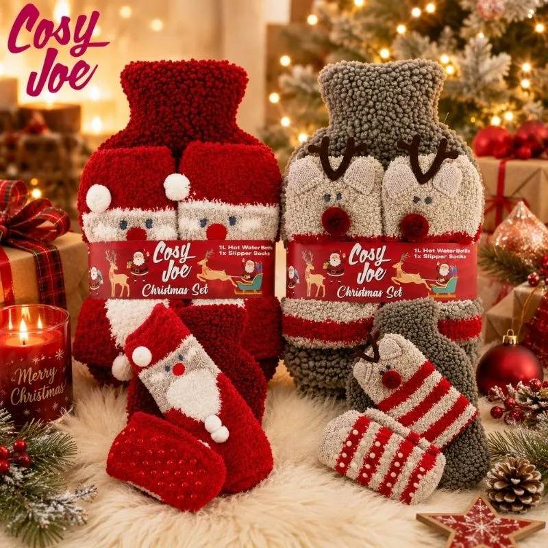 COSY JOE 1L XMAS COVERED BOTTLE & SOCK SET