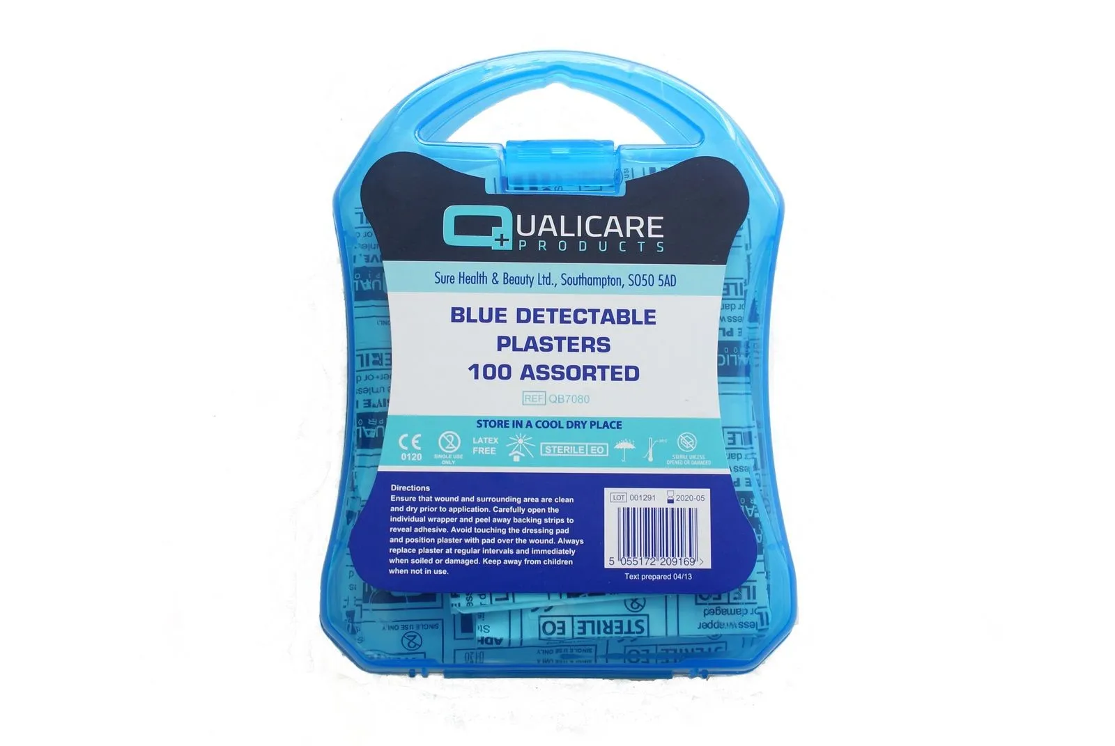 QP7080  100 BLUE DETECTABLE PLASTERS PLASTIC BOX