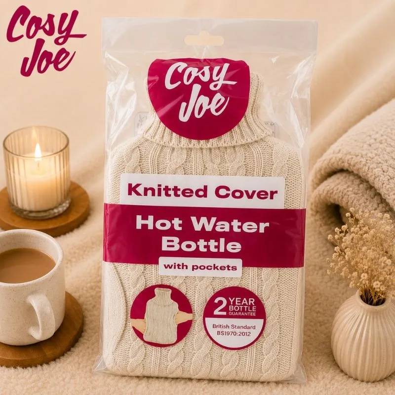 KNITTED HOT WATER BOTTLE with pockets cosy joe