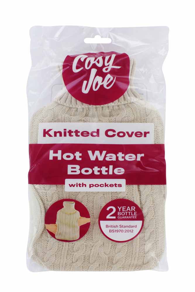 KNITTED HOT WATER BOTTLE with      pockets cosy joe