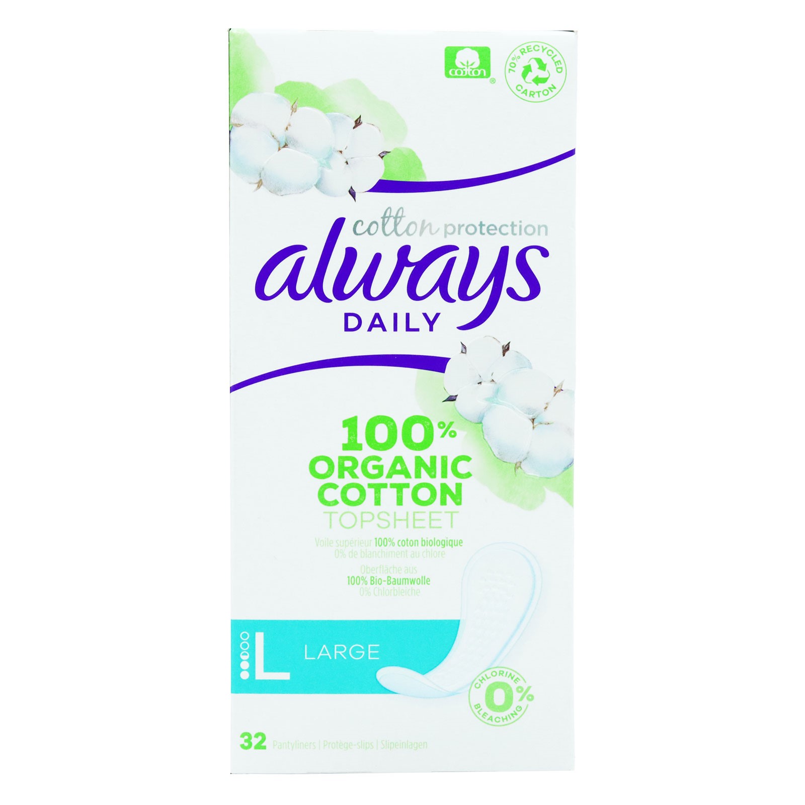 ALWAYS 32 DAILY LINERS LGE ORGANIC