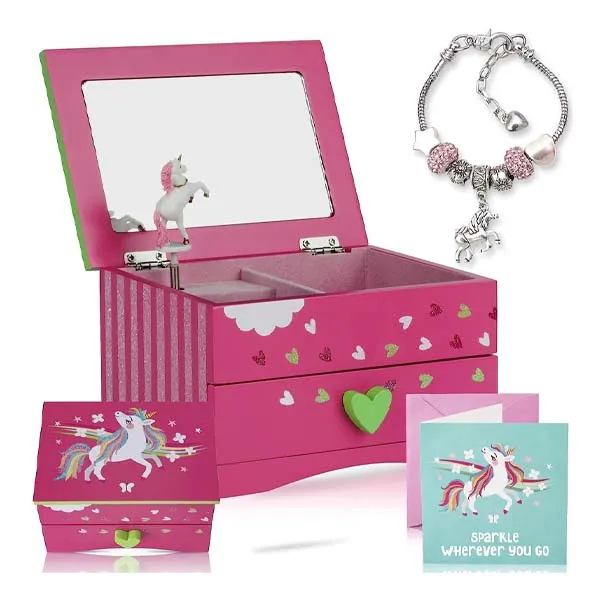 UB0001 FUCHSIA UNICORN MUSICAL JEWELLERY BOX SET