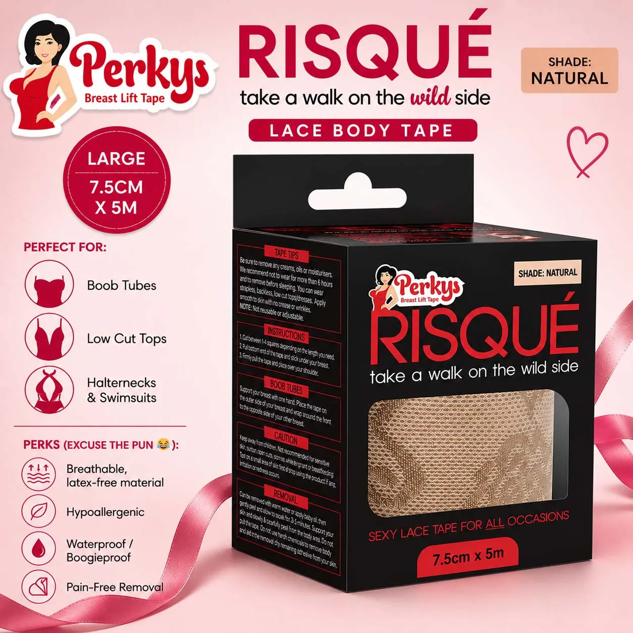 PERKYS RISQUE LACE BODY TAPE LARGE NATURAL 7.5CM X 5M